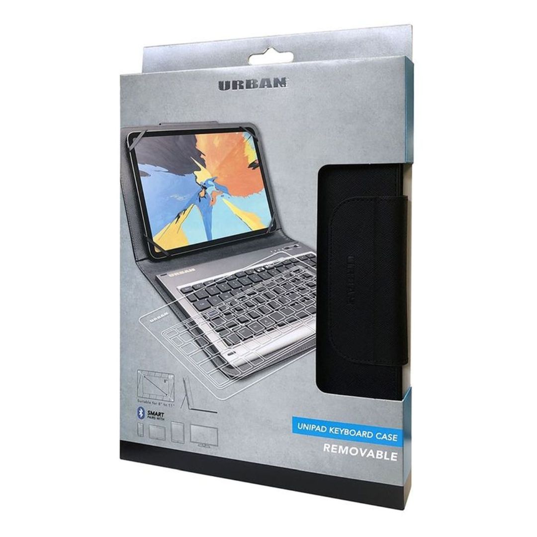 Packaging of the Urban Universal Bluetooth Keyboard Case 8-11" with a tablet displayed inside the case shows vibrant colors on the screen. The box features icons for a removable backlight keyboard and smart stand feature, making it a versatile and stylish universal keyboard case.