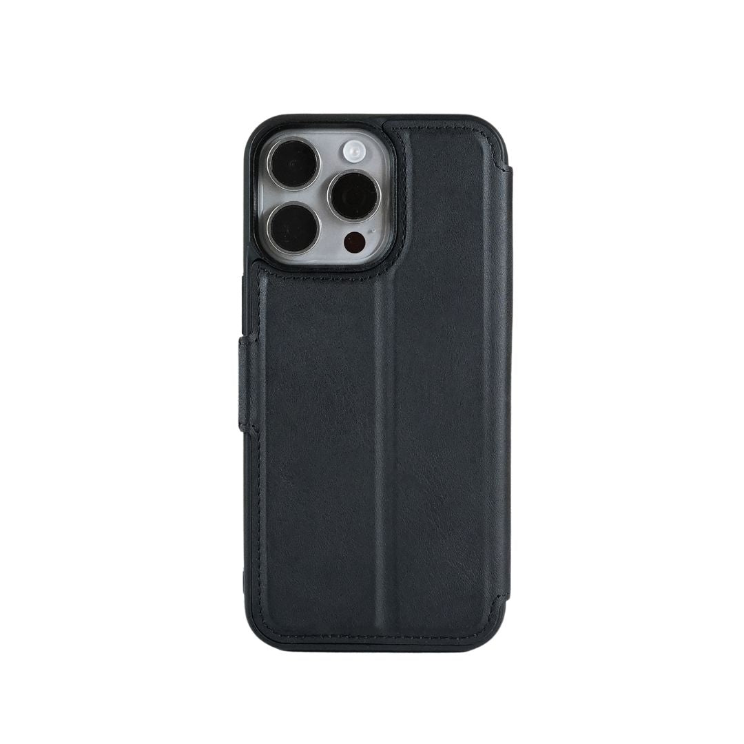 The Urban Everyday Wallet Case for iPhone 15 Series is displayed in sleek black leather with a sophisticated wallet design, seamlessly fitting over the back of an iPhone 15. The case includes a folding cover and showcases three visible cameras.