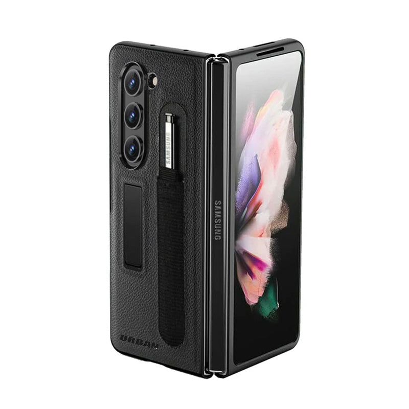 The Urban Sleek Kickstand Case with Pen holder for Samsung Z Fold 5 in black is compatible with wireless charging and features a secure S Pen holder.