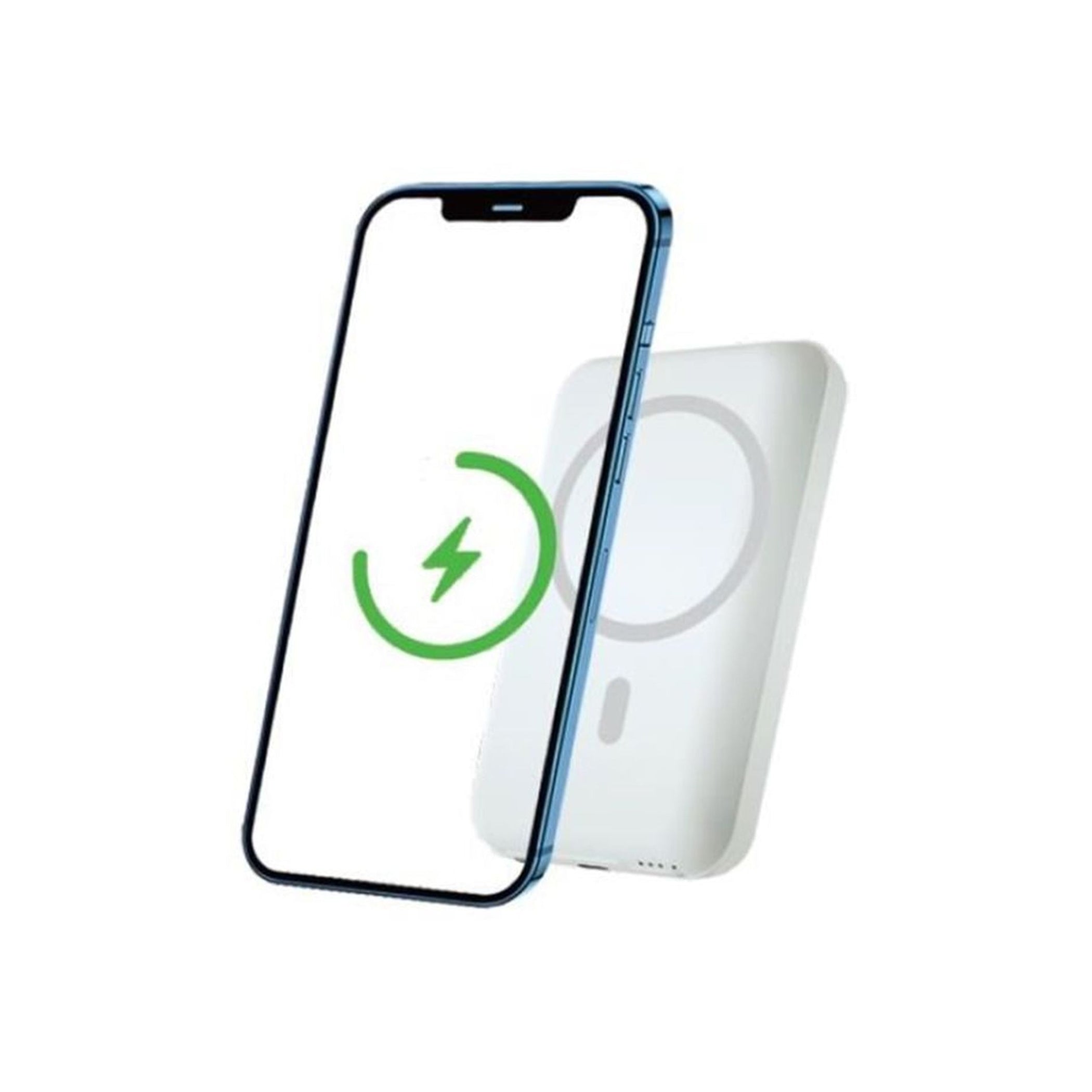 A smartphone with a green charging symbol on the screen is positioned next to a rectangular wireless charger, utilizing the convenience of an Urban MagPower10 Wireless Powerbank.