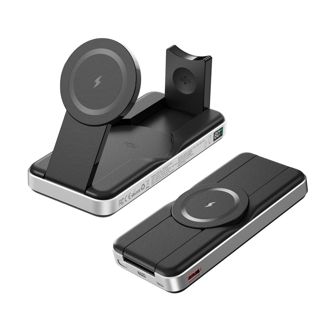 Introducing the PowerBuddy 2.0 5-in-1 Wireless Powerbank by Urban, a black and silver wireless charging station with an ultra-portable design. It features a foldable stand, detachable charging pad, circular charging surfaces, and a USB port—making it the ultimate charging device for on-the-go convenience.