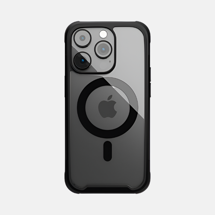 A smartphone in an Urban Edge Case iPhone 15 Series by Urban featuring a black durable rubber and aluminum edge, showcasing an Apple logo with a visible circular MagSafe alignment mark on the back. The device boasts three rear camera lenses, making it both stylish and MagSafe compatible.