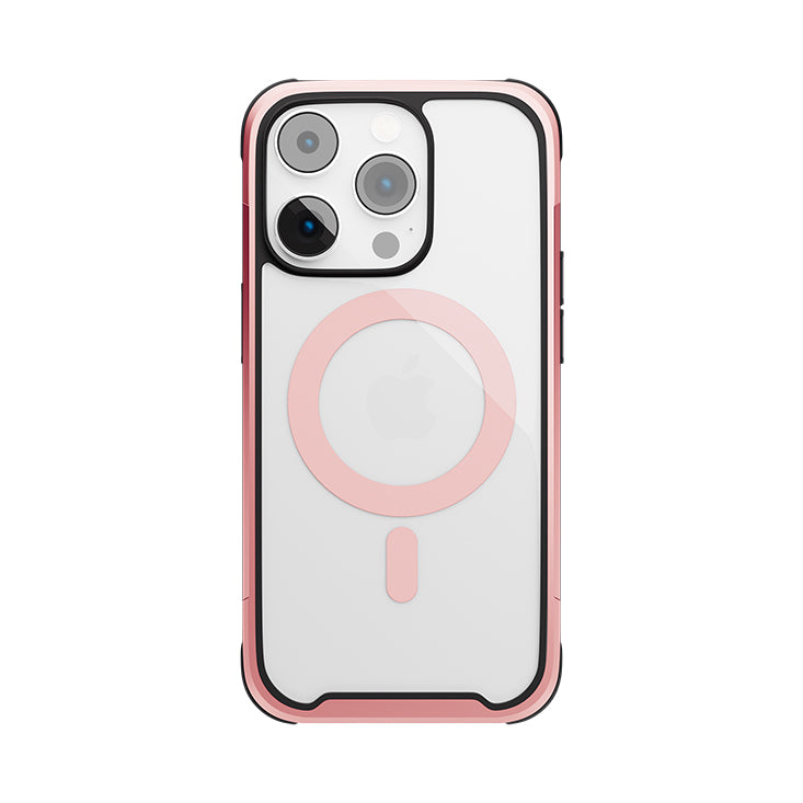 The pink circle on the back of this Urban Edge Case iPhone 14 Series adds a touch of style while also providing protection for your phone.