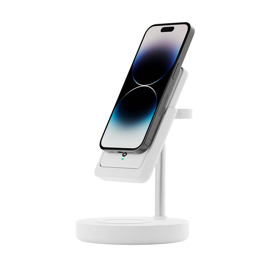 An Urban M6 Charging Station with Apple Watch & MagSafe is securely charging on a clutter-free MagSafe stand.