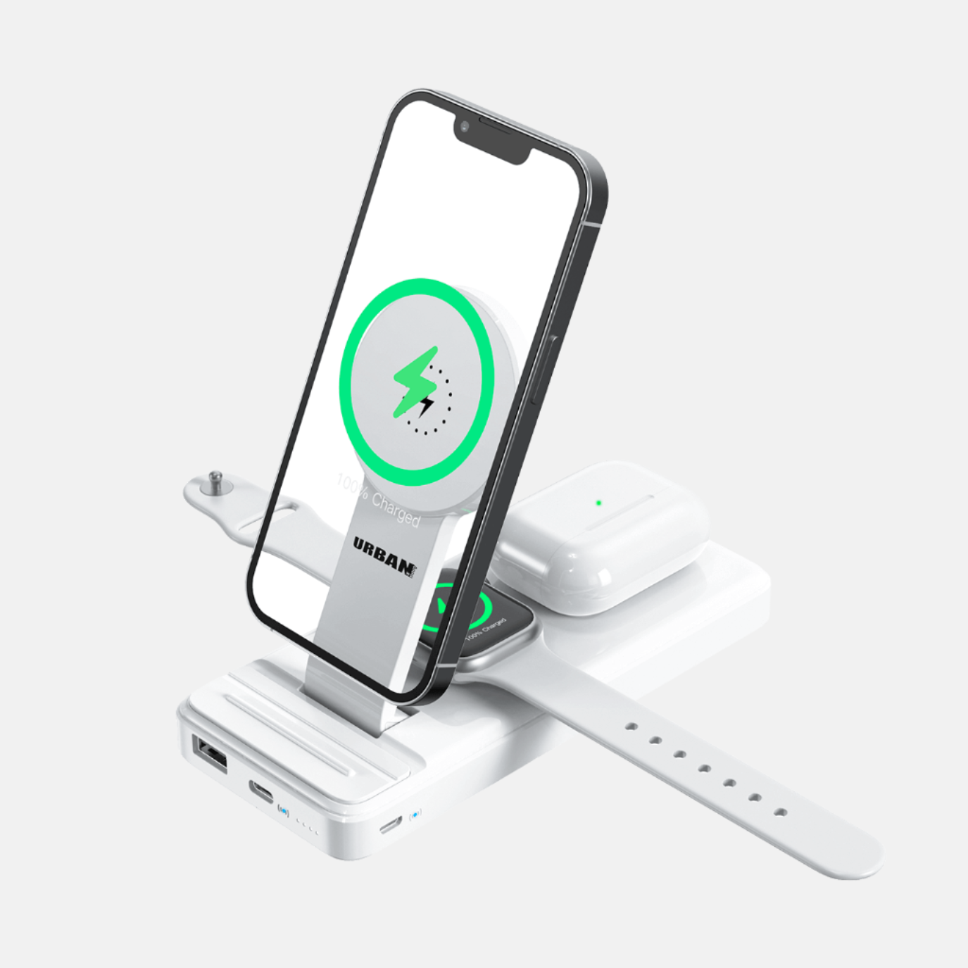 A smartphone, smartwatch, and wireless earbuds are being charged on the Urban PowerBuddy 5 in 1 Wireless Powerbank with a MagSafe floating design. This portable charging device can charge up to 5 devices simultaneously.