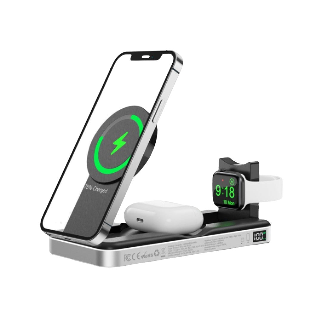 A PowerBuddy 2.0 5-in-1 Wireless Powerbank is shown, charging a smartphone, smartwatch, and wireless earbuds simultaneously. The display indicates the smartphone is 78% charged. This ultra portable design makes Urban's PowerBuddy 2.0 5-in-1 Wireless Powerbank an essential charging device for all your gadgets on the go.