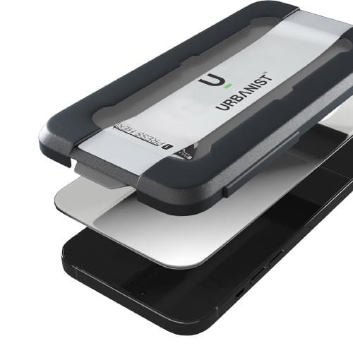Exploded view of a smartphone, possibly an iPhone 16 Diamond Glass with Applicator, showing layers including a black case, white back plate, inner components, and a top protective cover labeled "Urban." The design facilitates DIY installation of parts like glass screen protectors.