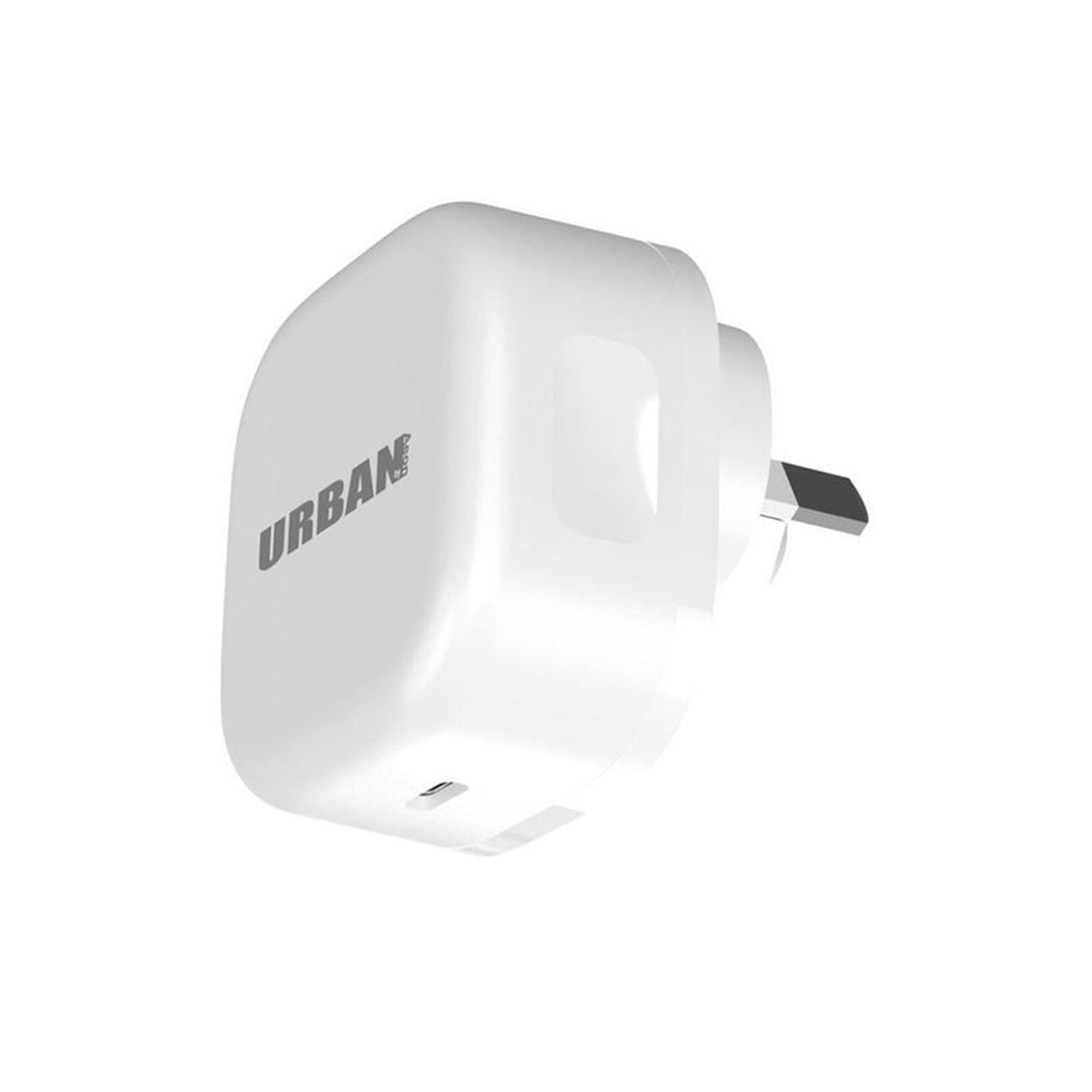 A white Urban 35W+PPS GaN Type-C adapter plug with a three-prong design, featuring Fast Charging and Adaptive Power technology for efficient energy use, shown against a plain white background.
