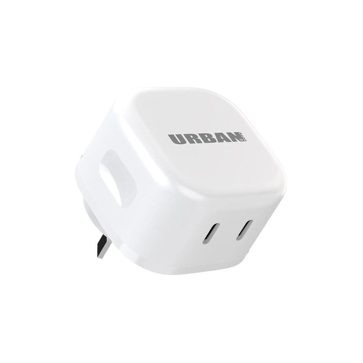 The 45W GaN Dual Type-C features two USB-C ports and the brand name "Urban" printed on the front. This white charger offers fast charging with Adaptive Power technology, ensuring your devices are charged swiftly and efficiently.