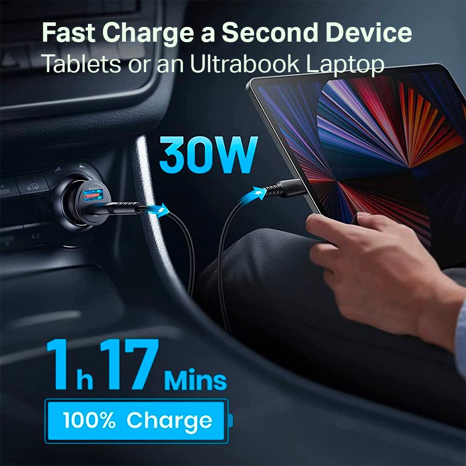 A person is using an Urban Auto15 Universal Wireless Car Charger Kit to charge a second device like an iPad